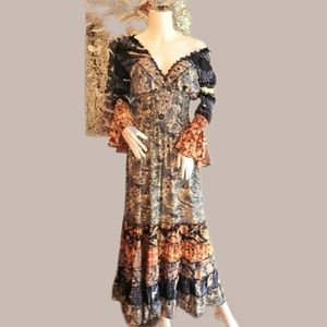 KARMA Highway BoHo Long Ruffle Hem Pattern Silky Dress OS 5 Colors Avail.